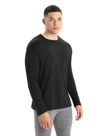 Black Icebreaker Merino Granary Pocket T-Shirt Men's Long Sleeve | AU 1239NWYB